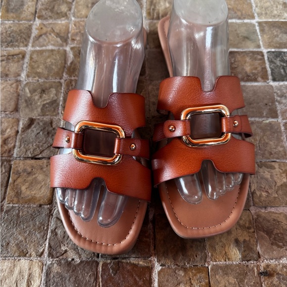 Brown Slide Sandals with Gold Buckle time & tru - Picture 1 of 7